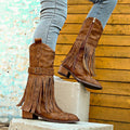 Retro Tassel Boots With Rivet Strap Buckle Design Shoes For Women Winter Footwear Fashion Mid-calf Square Heel Knight Western Boots - HEPSIBAH SHOP
