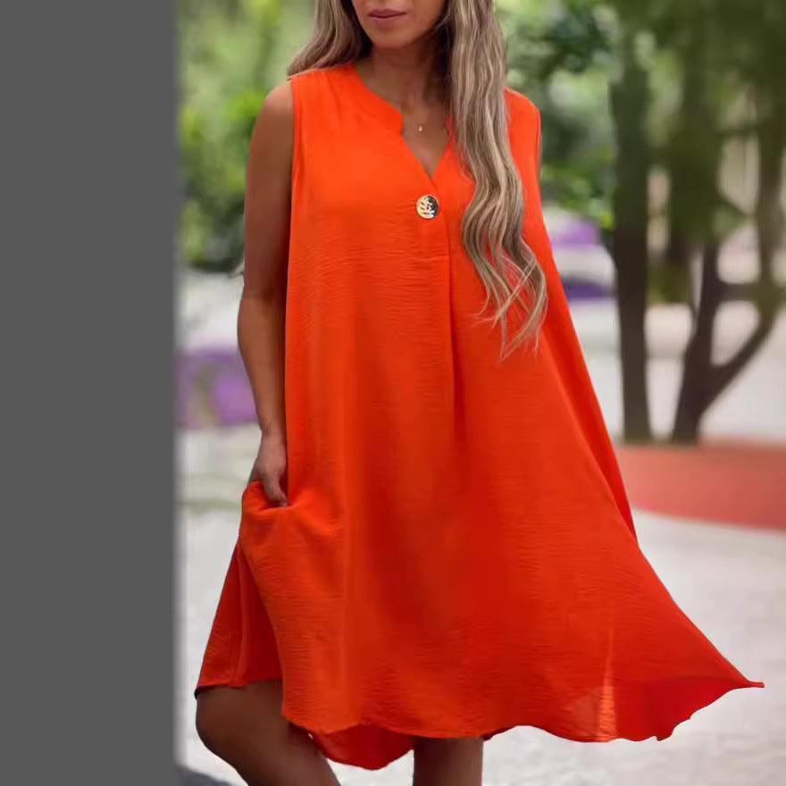 Summer V-neck Sleeveless Dress With Button Decoration Solid Color Casual Loose Straight Dresses Womens Clothing - HEPSIBAH SHOP