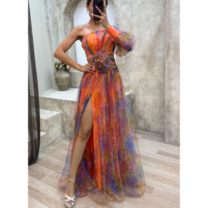 Mesh Tie-dye Printed Off-shoulder Slit Dress Summer INS Fashion Long Dress Party Womens Clothing - HEPSIBAH SHOP