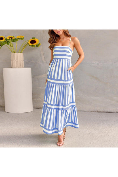 Summer Striped Printed Suspender Long Dress With Pockets Fashion Square Neck Backless Dresses For Beach Vacation Women Clothing - HEPSIBAH SHOP