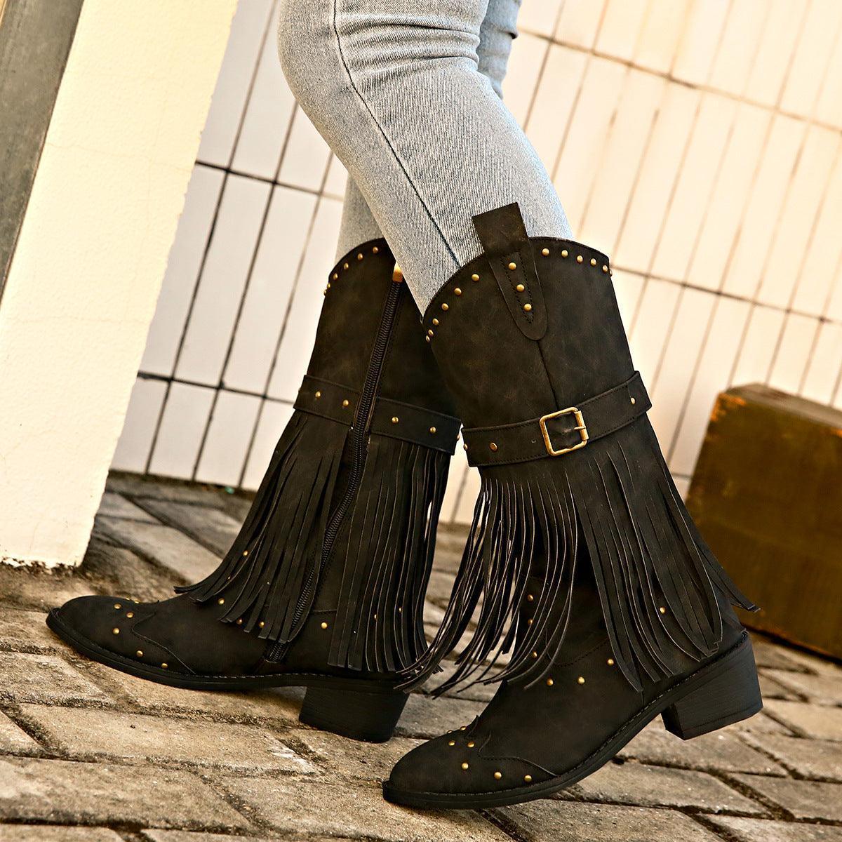 Retro Tassel Boots With Rivet Strap Buckle Design Shoes For Women Winter Footwear Fashion Mid-calf Square Heel Knight Western Boots - HEPSIBAH SHOP