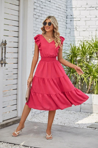 New Ruffled Sleeveless V-Neck Dress Summer Fashion Elastic Waist A-Line Dresses For Womens Clothing - HEPSIBAH SHOP