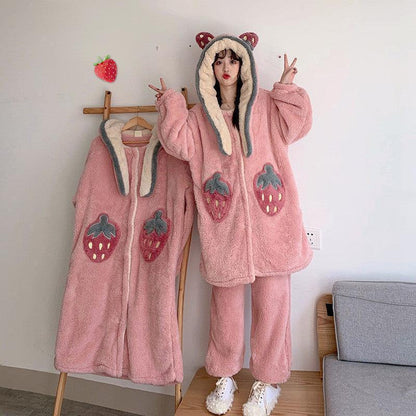 Cute padded flannel hooded pajamas