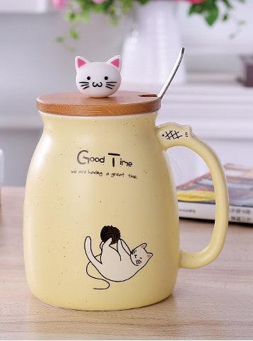 450ml Cartoon Ceramics Cat Mug With Lid and Spoon Coffee Milk Tea Mugs Breakfast Cup Drinkware Novelty Gifts