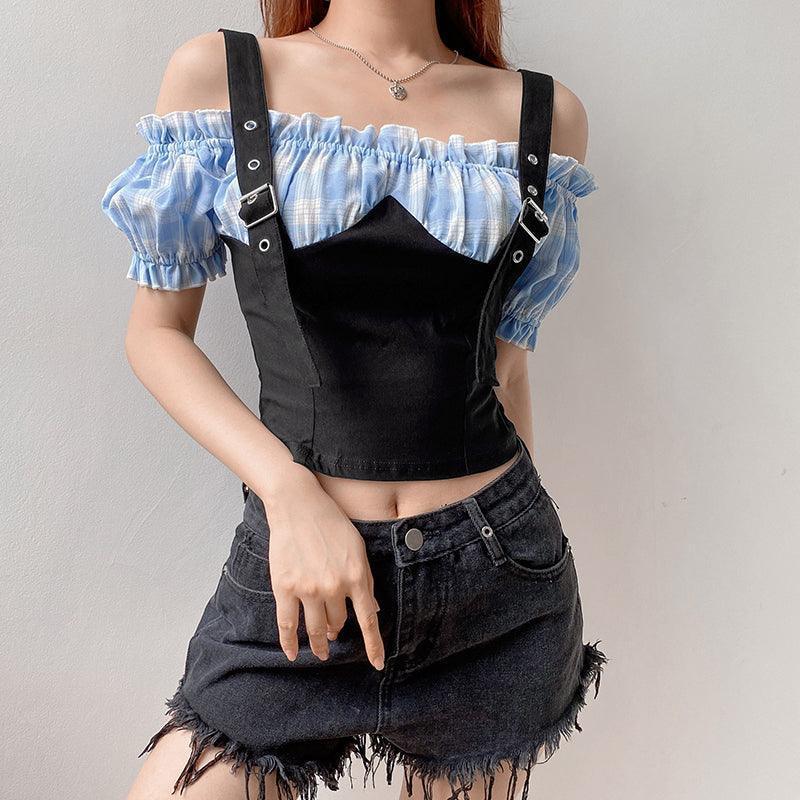 Plaid stitching shoulder straps top - HEPSIBAH SHOP