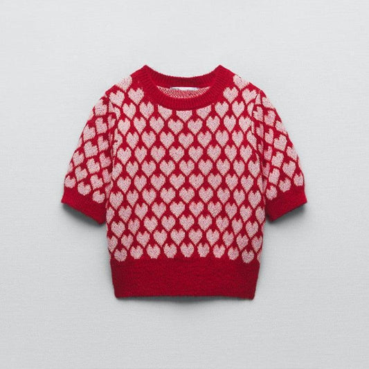 Sweet Red Heart-shaped Round Neck Sweater - HEPSIBAH SHOP