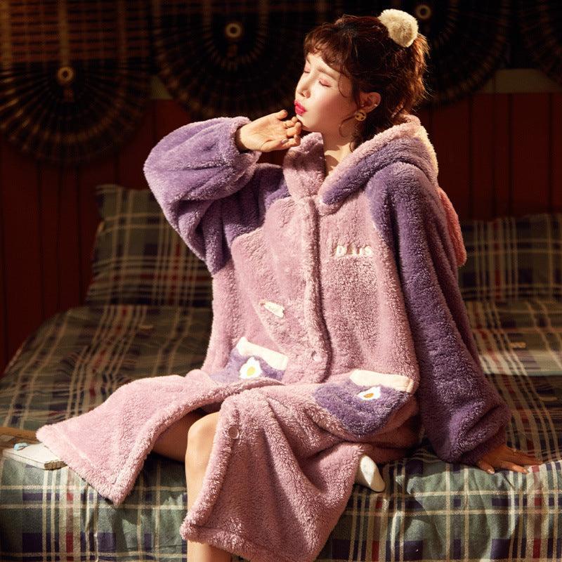 Women's Autumn And Winter Long Thick Hooded Coral Velvet Nightgown - HEPSIBAH SHOP