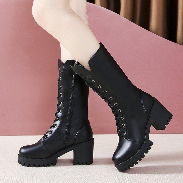 Cross Strap High Heel Short Plush Wedge Round Head Middle Boots - HEPSIBAH SHOP