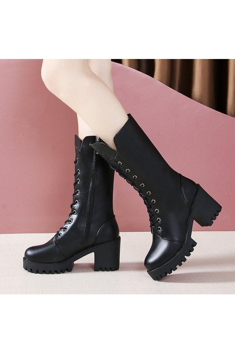 Cross Strap High Heel Short Plush Wedge Round Head Middle Boots - HEPSIBAH SHOP