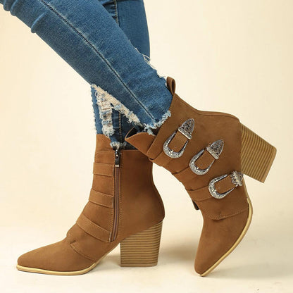 Chunky Heel Pointed Toe Mid-Calf Boots - HEPSIBAH SHOP