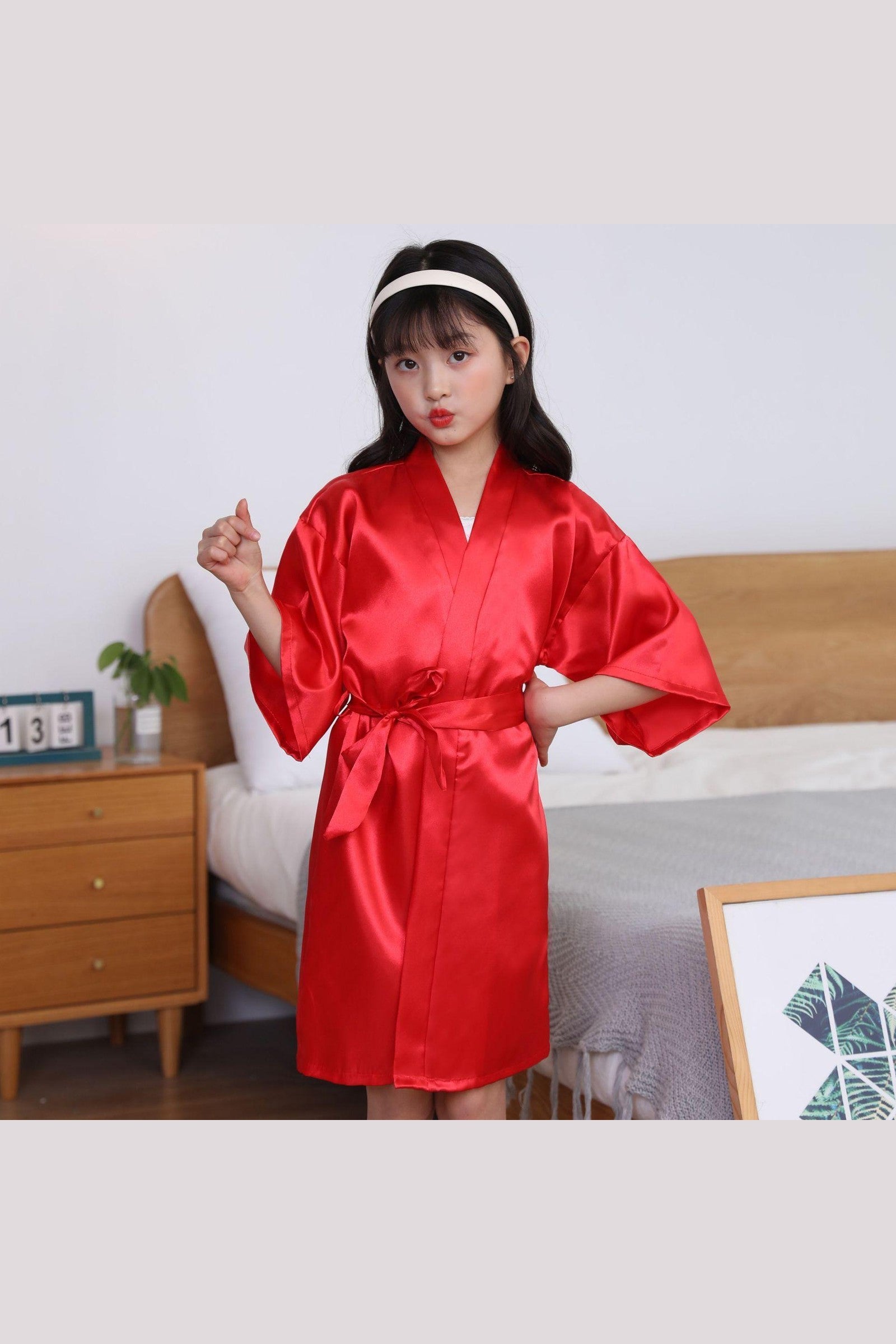 Children's Solid Color Dressing Gown Silk Nightgown Skirt Satin Bathrobe Long Cardigan Kimono - HEPSIBAH SHOP