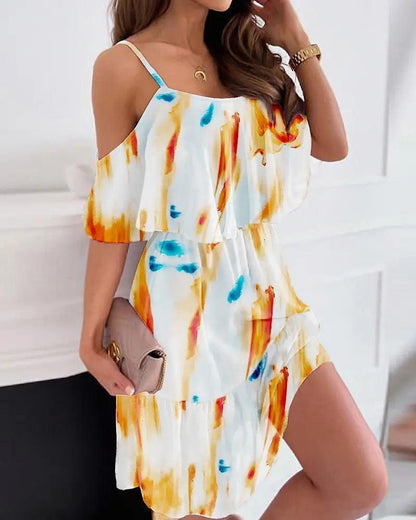 Flower Printed Ruffled Suspender Dress Summer Off-the-shoulder Strap Dresses Women - HEPSIBAH SHOP