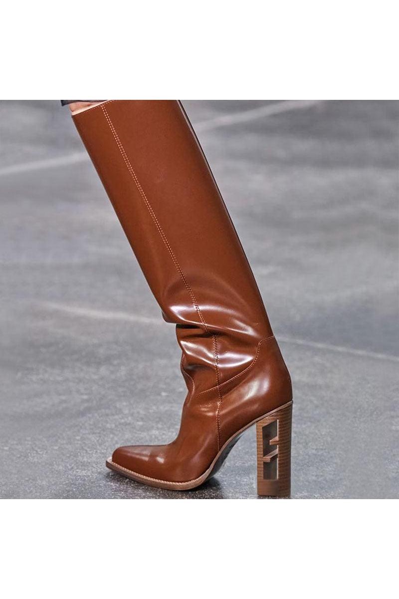 Square Toe Hollow-out Chunky Heel Cowhide Commuter Long Fashion Boots - HEPSIBAH SHOP