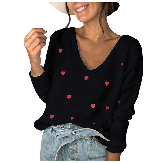 Heart Printed Pullovers Long Sleeve V Neck Sweater Tops - HEPSIBAH SHOP