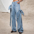 Women's Washed Distressed Stitching Bow Wide Leg Jeans - HEPSIBAH SHOP