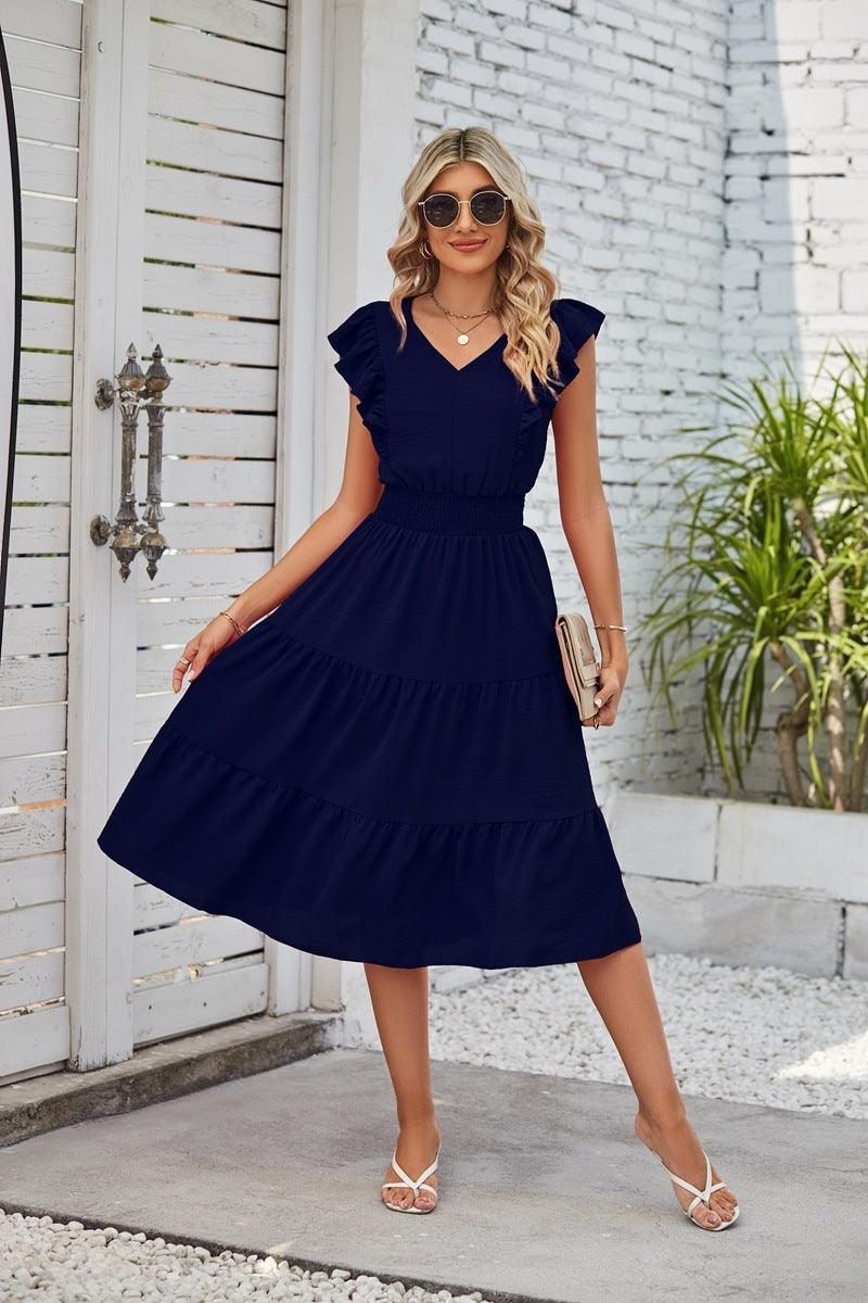 New Ruffled Sleeveless V-Neck Dress Summer Fashion Elastic Waist A-Line Dresses For Womens Clothing - HEPSIBAH SHOP