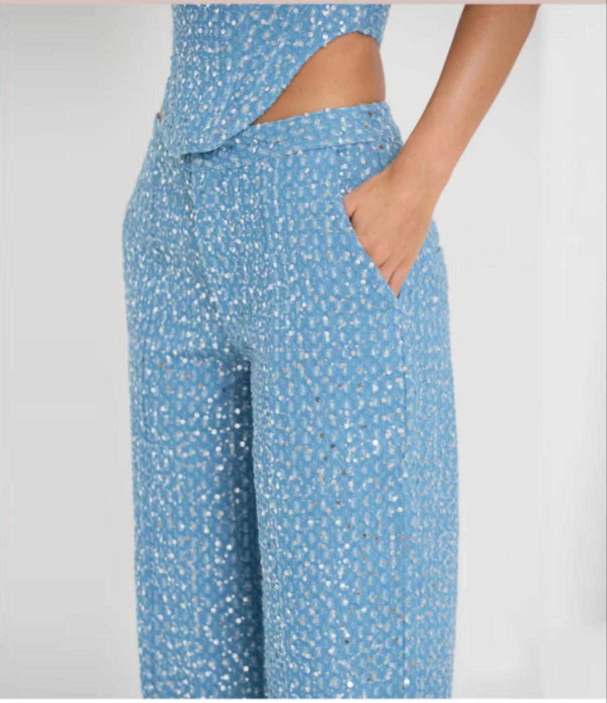 Fashion Denim Sequined Tube Top Wide Leg Pants Suit - HEPSIBAH SHOP