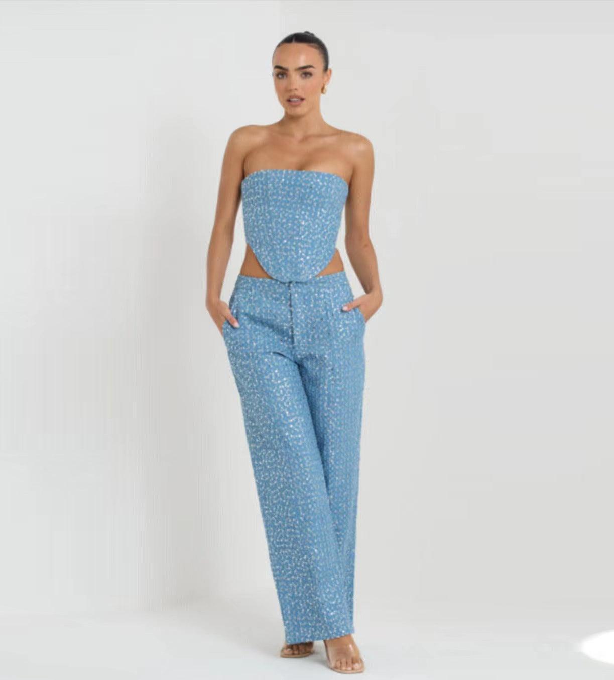 Fashion Denim Sequined Tube Top Wide Leg Pants Suit - HEPSIBAH SHOP