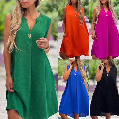 Summer V-neck Sleeveless Dress With Button Decoration Solid Color Casual Loose Straight Dresses Womens Clothing - HEPSIBAH SHOP