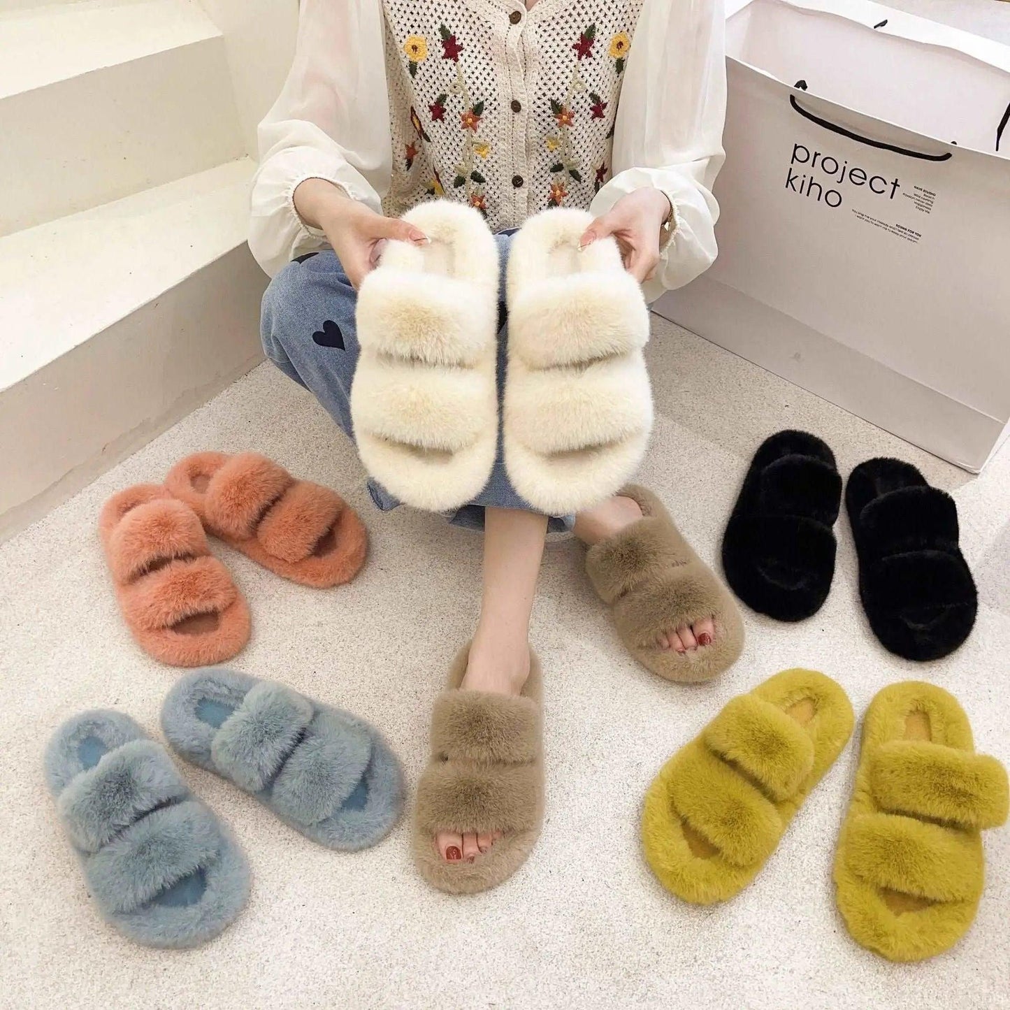 Women Fur Furry Slippers Soft Indoor Slides - HEPSIBAH SHOP