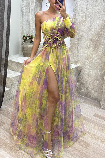 Mesh Tie-dye Printed Off-shoulder Slit Dress Summer INS Fashion Long Dress Party Womens Clothing - HEPSIBAH SHOP