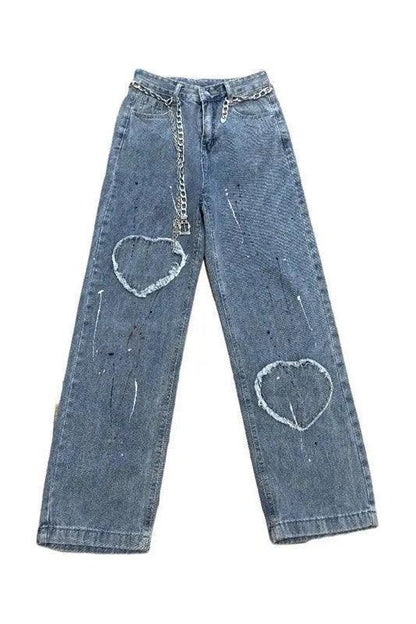 Design Brushed Heart Patch Straight Jeans - HEPSIBAH SHOP