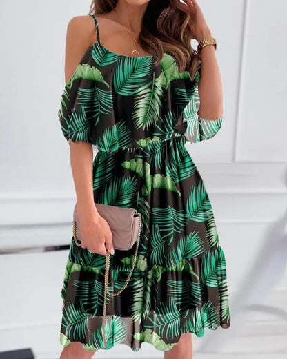 Flower Printed Ruffled Suspender Dress Summer Off-the-shoulder Strap Dresses Women - HEPSIBAH SHOP