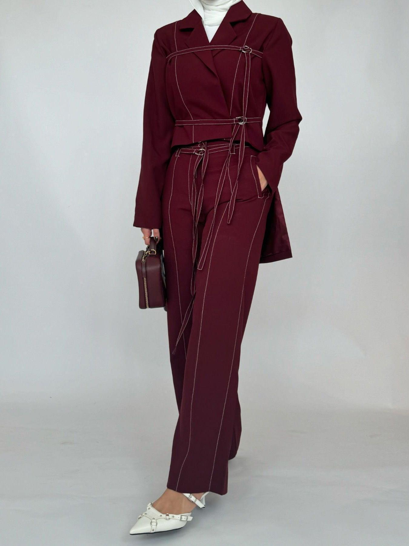 Burgundy Lace-up Top & High-waisted Pants Set - HEPSIBAH SHOP