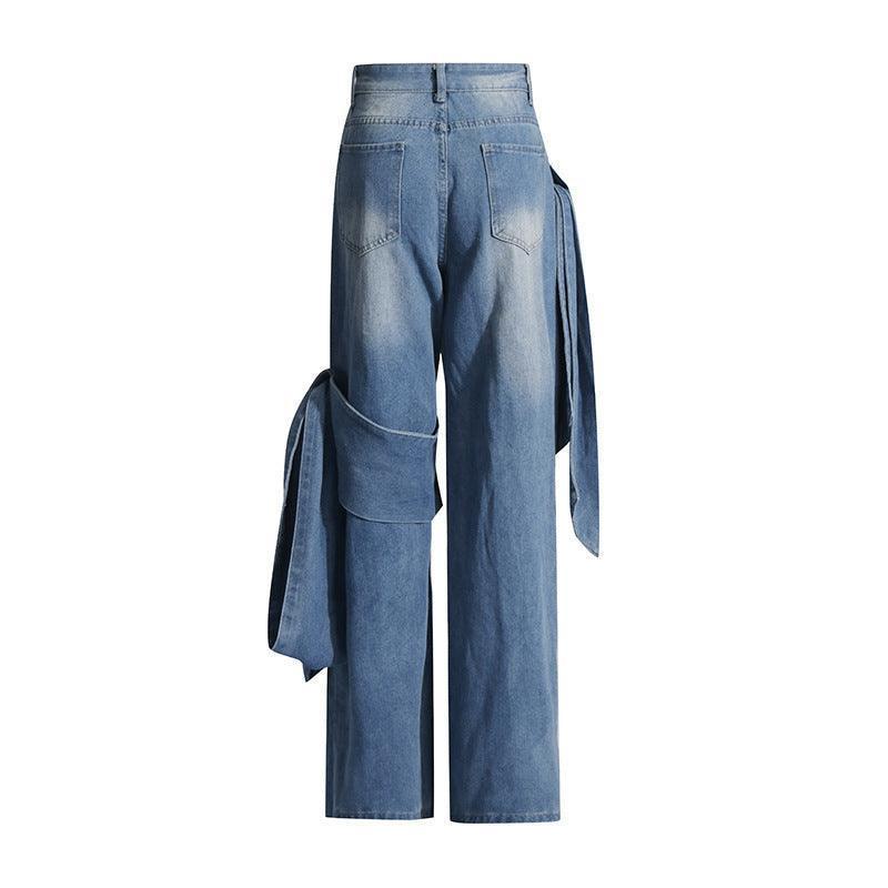 Women's Washed Distressed Stitching Bow Wide Leg Jeans - HEPSIBAH SHOP