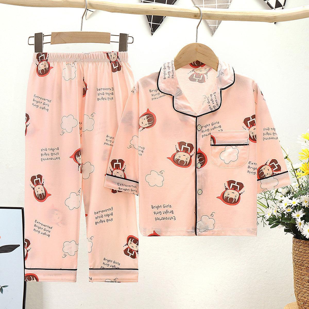 Cotton Kids Lapel Pajamas Set With Three Quarter Sleeves