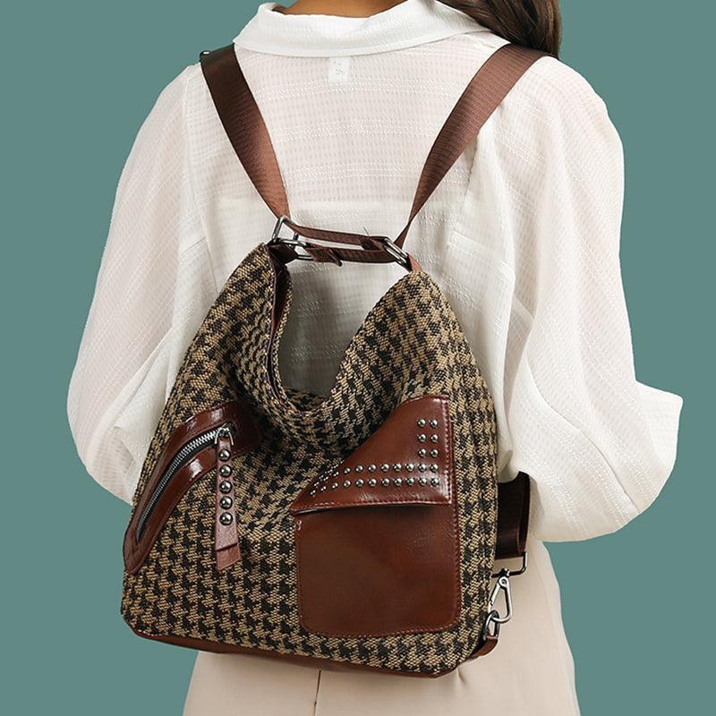 Houndstooth Backpack Ladies Rivet Design - HEPSIBAH SHOP