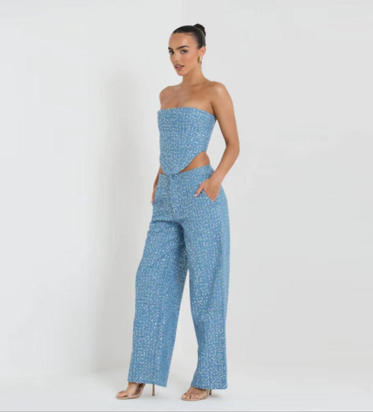 Fashion Denim Sequined Tube Top Wide Leg Pants Suit - HEPSIBAH SHOP