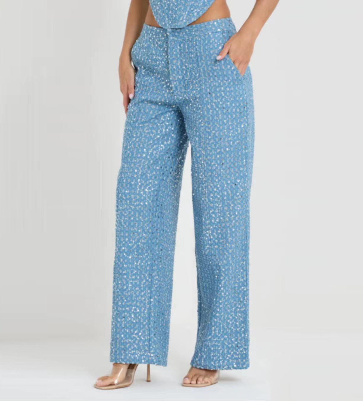 Fashion Denim Sequined Tube Top Wide Leg Pants Suit - HEPSIBAH SHOP