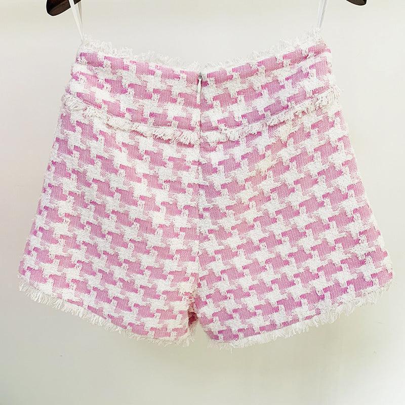 Women's Shiny Houndstooth Tweed Fringe Shorts - HEPSIBAH SHOP