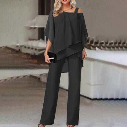 Solid Loose Irregular Suits Batwing Sleeve Top And Straight Trousers Outfits Womens Clothing - HEPSIBAH SHOP