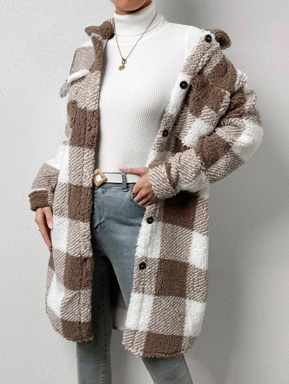 Button Lapel Plush Plaid Coat Loose - HEPSIBAH SHOP