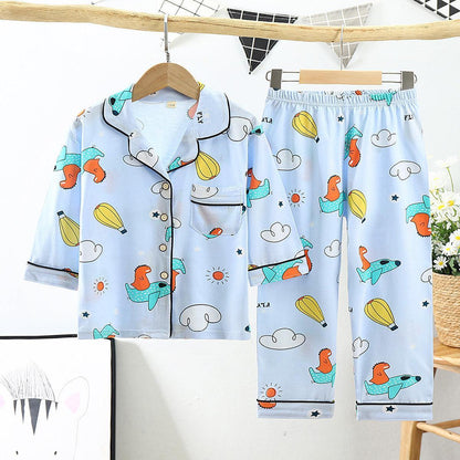 Cotton Kids Lapel Pajamas Set With Three Quarter Sleeves