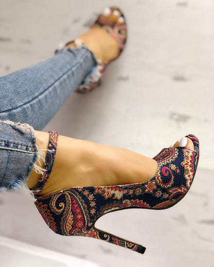 Printed toe buckle high heels - HEPSIBAH SHOP