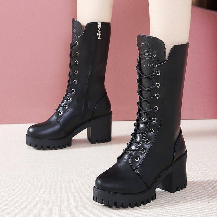 Cross Strap High Heel Short Plush Wedge Round Head Middle Boots - HEPSIBAH SHOP