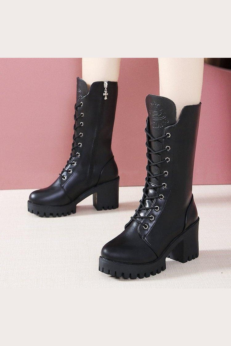 Cross Strap High Heel Short Plush Wedge Round Head Middle Boots - HEPSIBAH SHOP