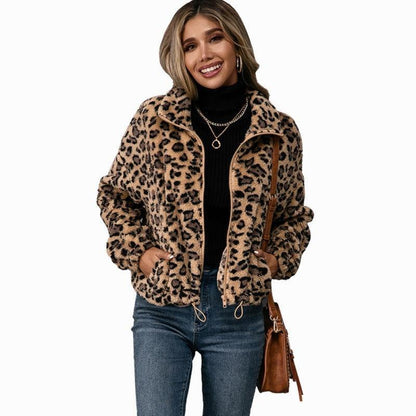 Ladies Leopard Print Lapel Zip Furry Jacket - HEPSIBAH SHOP