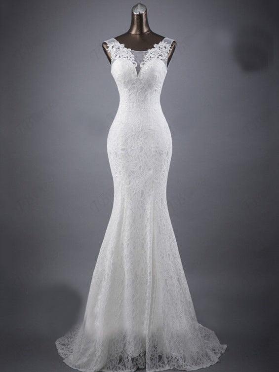 Lace slim & thin double shoulder tail wedding dress - HEPSIBAH SHOP