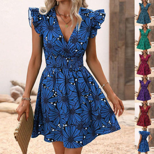 New Flowers Print Ruffled Sleeveless Dress Summer Sexy Deep V-neck Slim-waist Short Dresses For Womens Clothing - HEPSIBAH SHOP