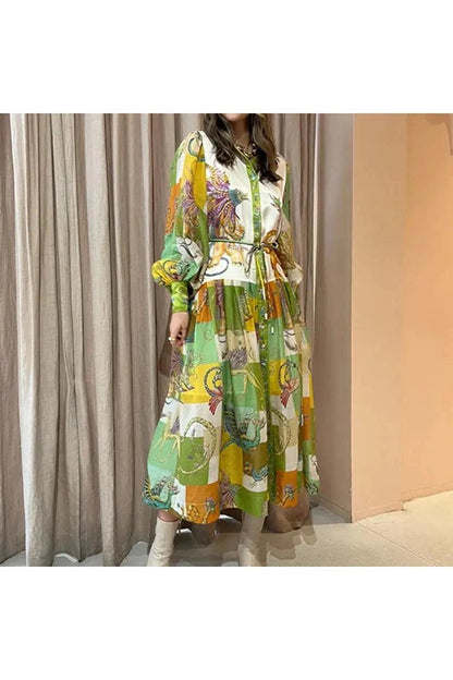 Elegant Lantern Sleeve Printed Long Lapel And Waist Tight Long Sleeve Dress - HEPSIBAH SHOP