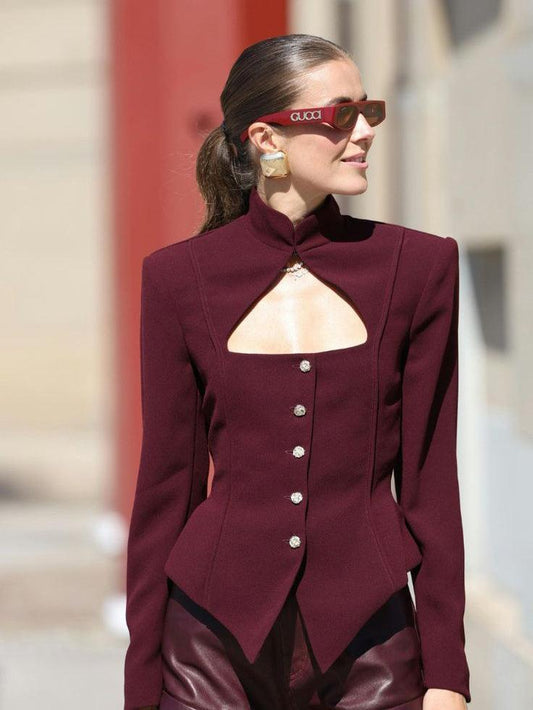 Burgundy Stand Collar Long Sleeve Top - HEPSIBAH SHOP