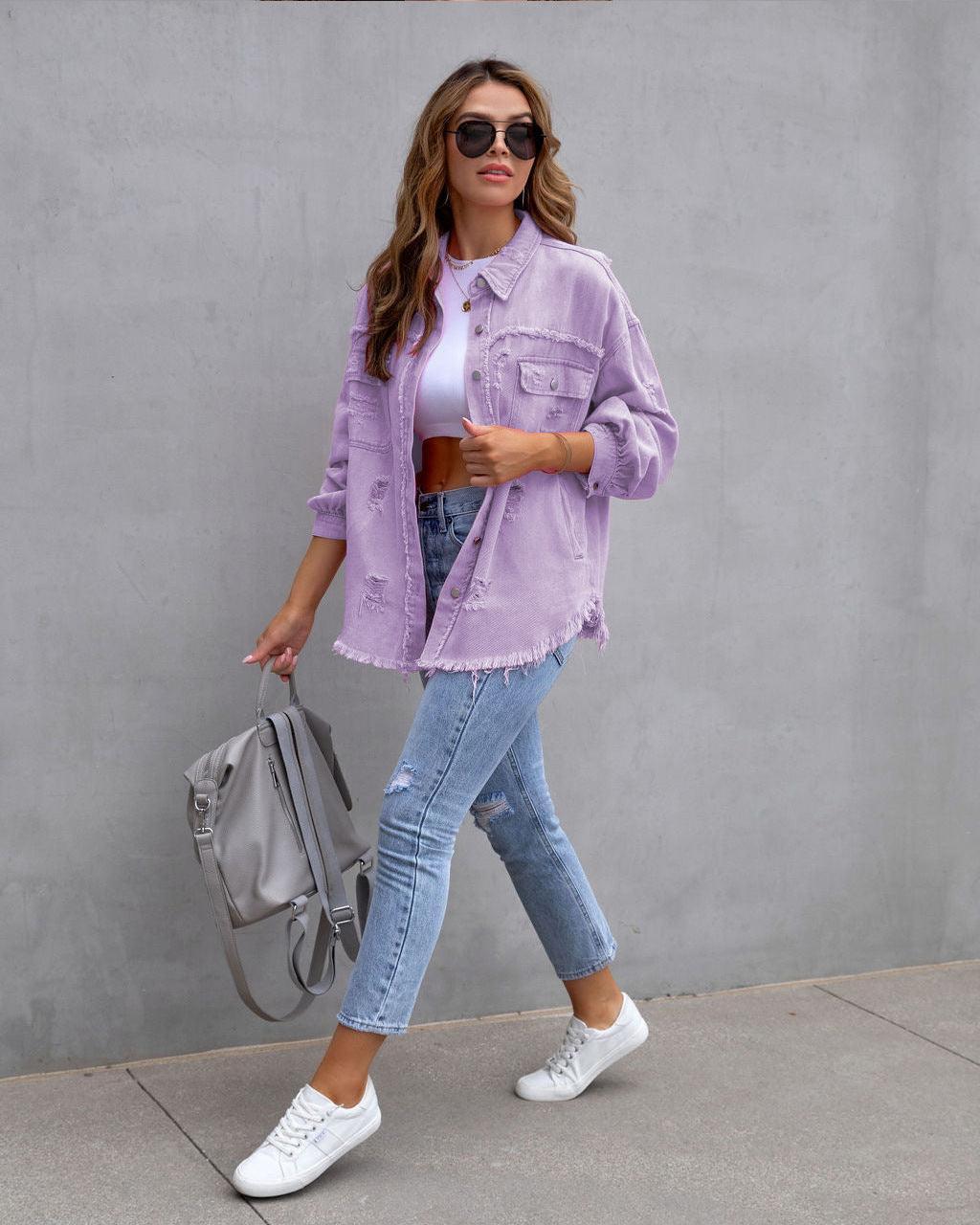 Fashion Ripped Shirt Jacket Female Autumn And Spring Casual Tops Womens Clothing - HEPSIBAH SHOP