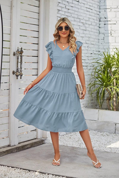 New Ruffled Sleeveless V-Neck Dress Summer Fashion Elastic Waist A-Line Dresses For Womens Clothing - HEPSIBAH SHOP