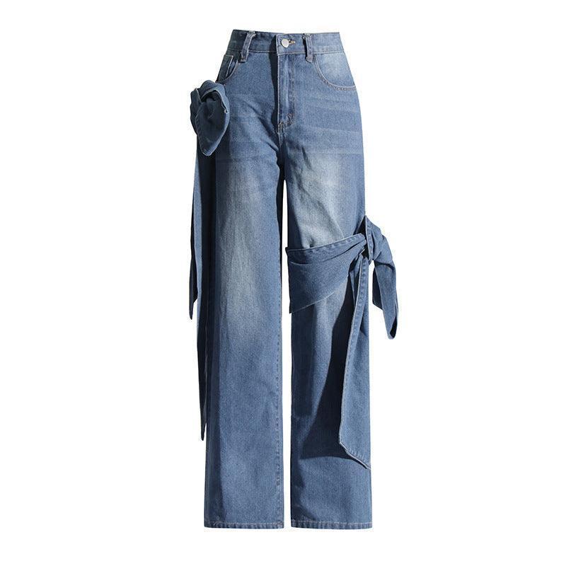 Women's Washed Distressed Stitching Bow Wide Leg Jeans - HEPSIBAH SHOP