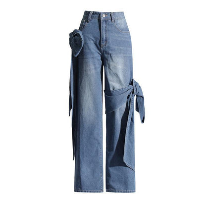 Women's Washed Distressed Stitching Bow Wide Leg Jeans - HEPSIBAH SHOP