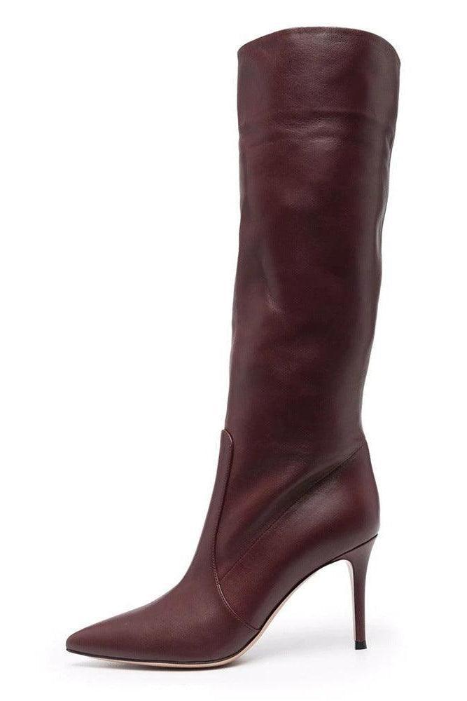 Burgundy PU Plus Size Pointed Toe Knee-length Boots - HEPSIBAH SHOP